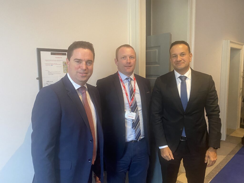 Minister of State Martin Heydon, ICMSA Deputy President, Denis Drennan, and Tanaiste Leo Varadkar, at today's meeting in Govt Buildings