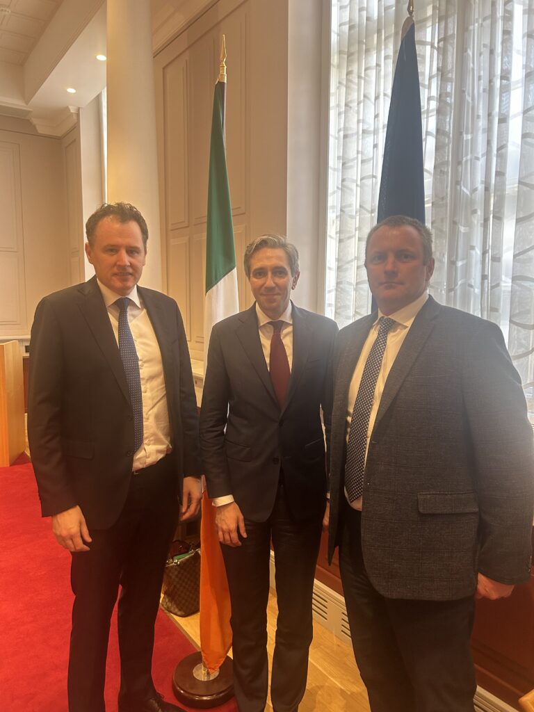 At today's meeting were L to R, Minister McConalogue, Taoiseach Simon Harris and ICMSA President, Denis Drennan