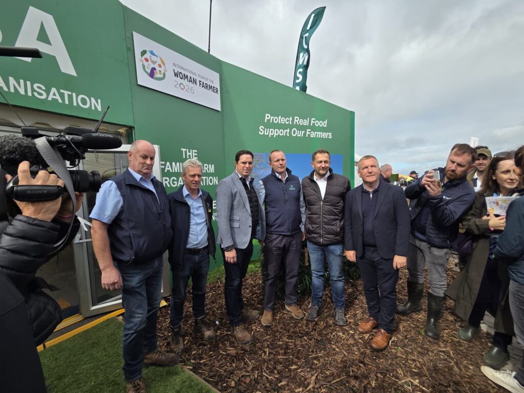Eamon Carroll, Deputy President, Noel Murphy, Chairperson of Dairy Committee, Minister Heydon, Denis Drennan, President of ICMSA, Commissioner Hansen and Commissioner McGrath at the ICMSA Ploughing Stand